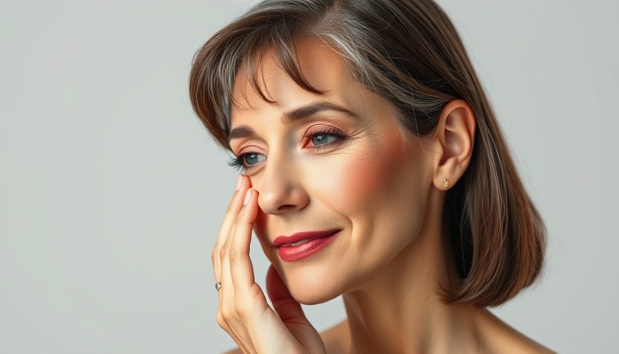 Elegant woman examines skin, promoting PIX:E device efficacy.