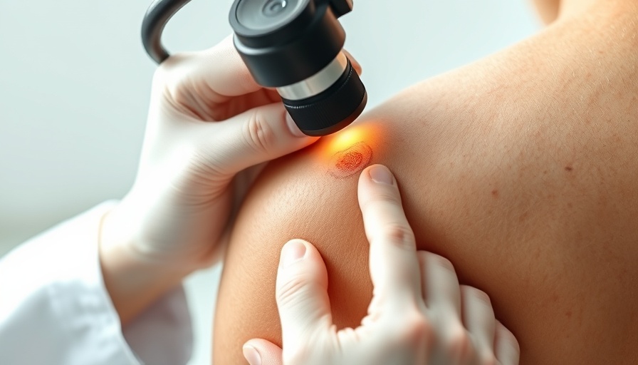 Dermatologist examining patient's mole with dermatoscope.