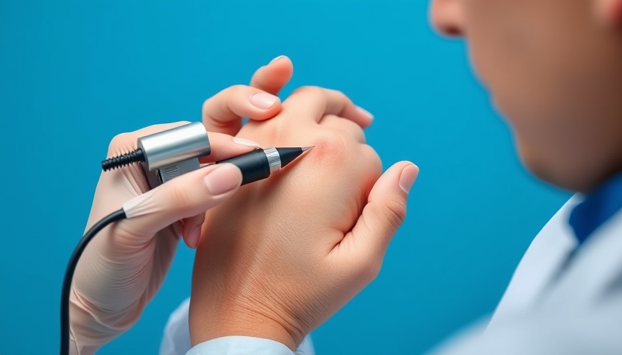 Dermatologist using dermatoscope on skin, examining mole, close-up.