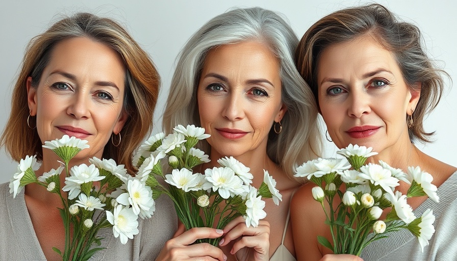 Confident mature women with flowers, serene expressions.