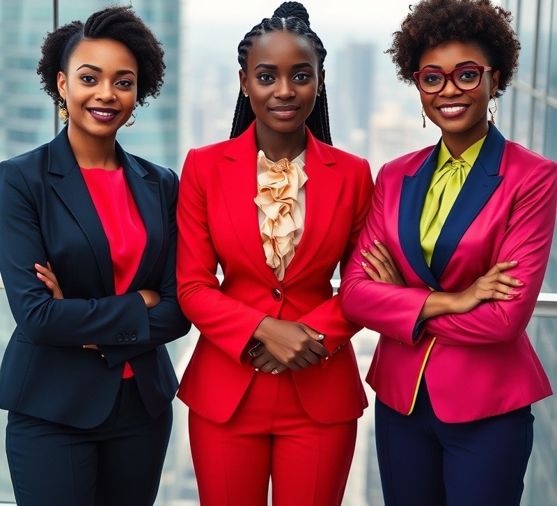 Elegant African women in bold suits showcasing professional hairstyles and nail art.