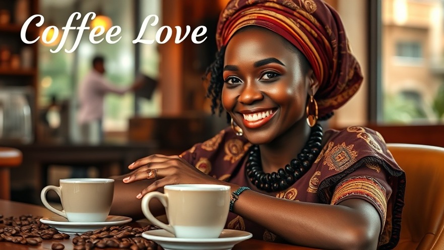 African woman in traditional outfit enjoying coffee in a cozy shop.