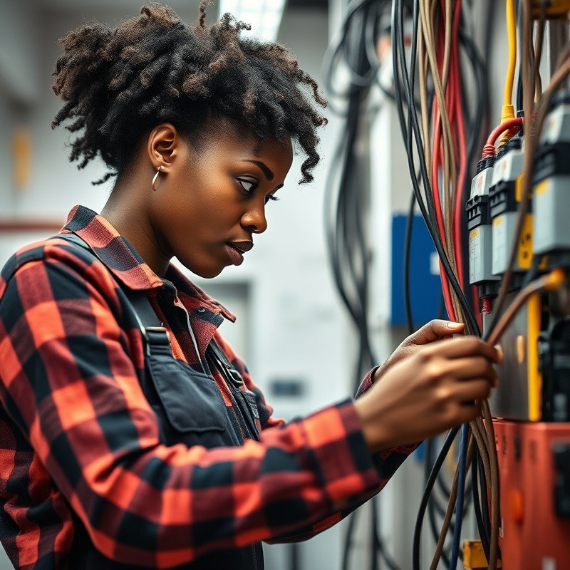 Electrician working with wiring in modern industrial setting.