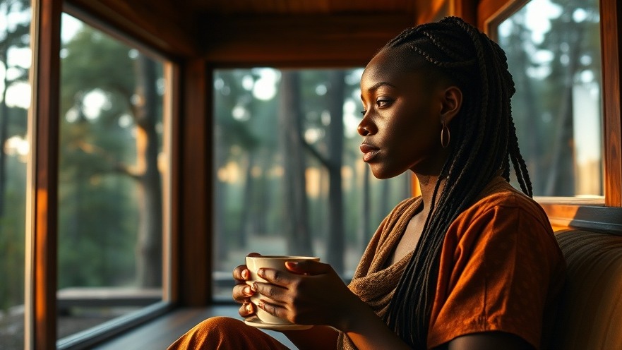 Peaceful African woman sipping coffee, reflecting on Jazz Fusion and cultural heritage.