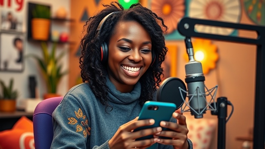 Smiling African woman discussing unexpected wealth in a cozy podcast studio.