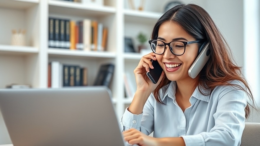 Smiling woman entrepreneur managing clients and business growth at a modern office.
