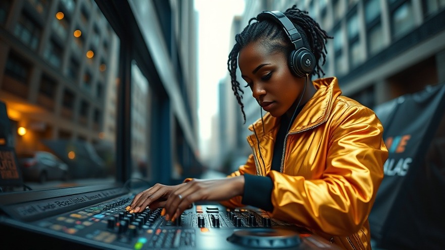 African DJ in gold jacket mixing relaxing saxophone music, blending jazz from Brooklyn to Lagos.
