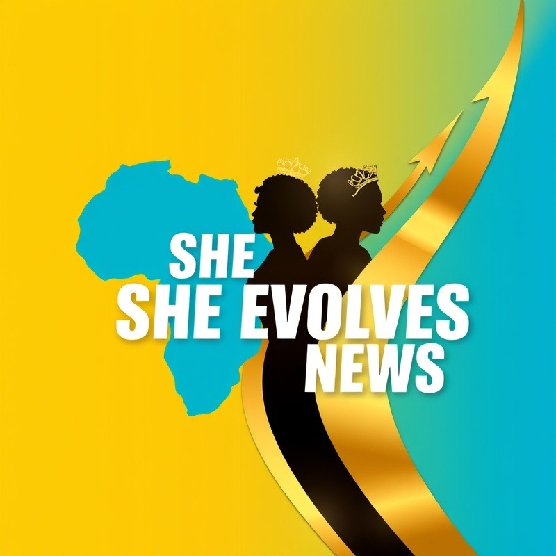 Dynamic SHE EVOLVES NEWS social media banner celebrating African women's excellence.