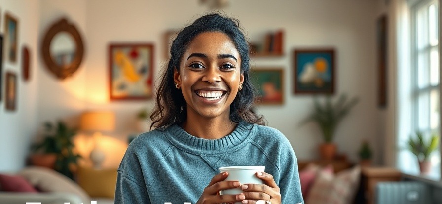 Smiling young woman with cup in cozy room, symbolizing Christian faith and goal setting.