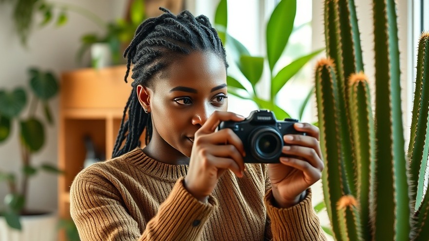 Young African woman entrepreneur developing a social media strategy amidst vibrant plants.