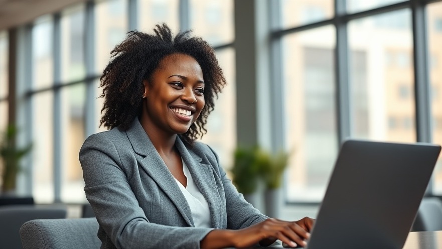 Professional African woman in gray blazer using laptop, embodying targeted advertising for business growth.
