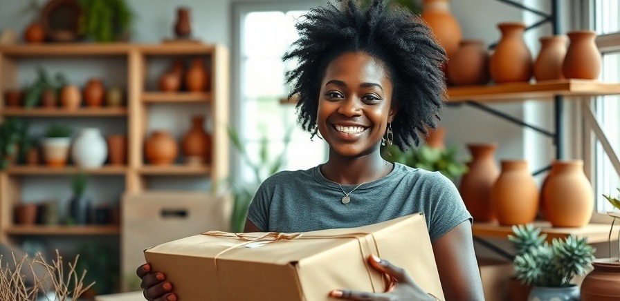 Smiling entrepreneur in home workspace organizing parcels for business growth.