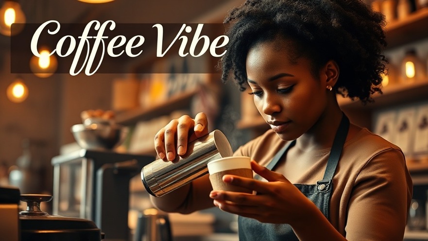 Warm coffee shop scene with an African woman barista pouring coffee, creating cozy coffee vibes.