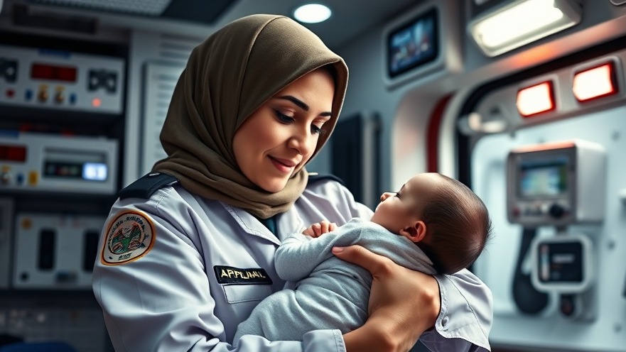 Compassionate Arab paramedic embraces baby, highlighting human rights and mental health awareness.