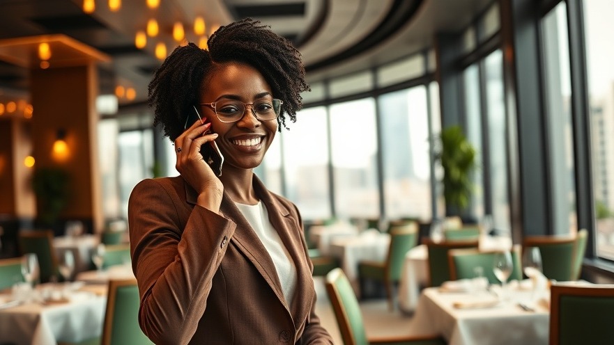 Confident African woman restaurant owner discussing profitability on smartphone in upscale dining.