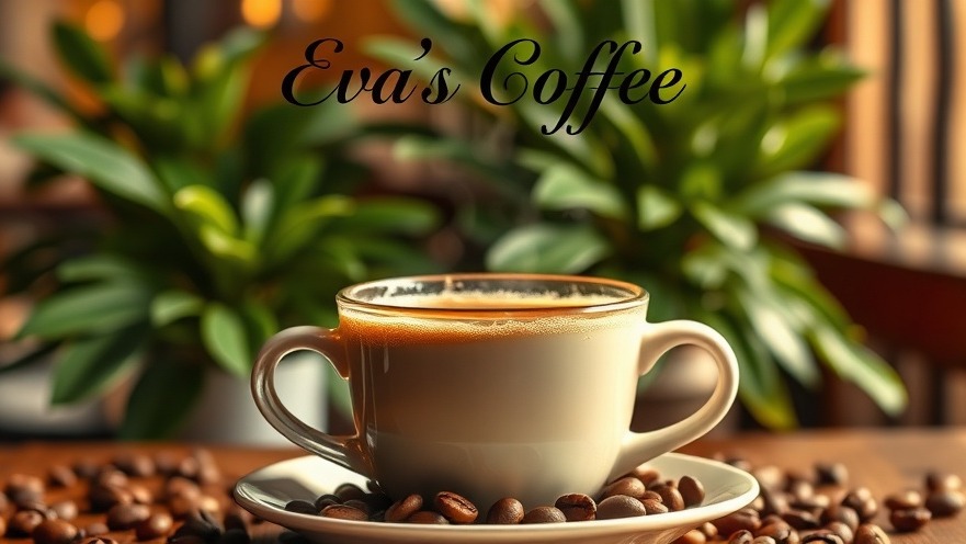 Close-up of steaming coffee at Eva's Coffee cafe, warm tones and rich brew.