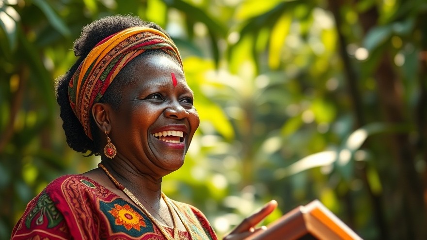 Photorealistic vibrant African woman delivering an inspiring speech on educational motivation in a lush forest.