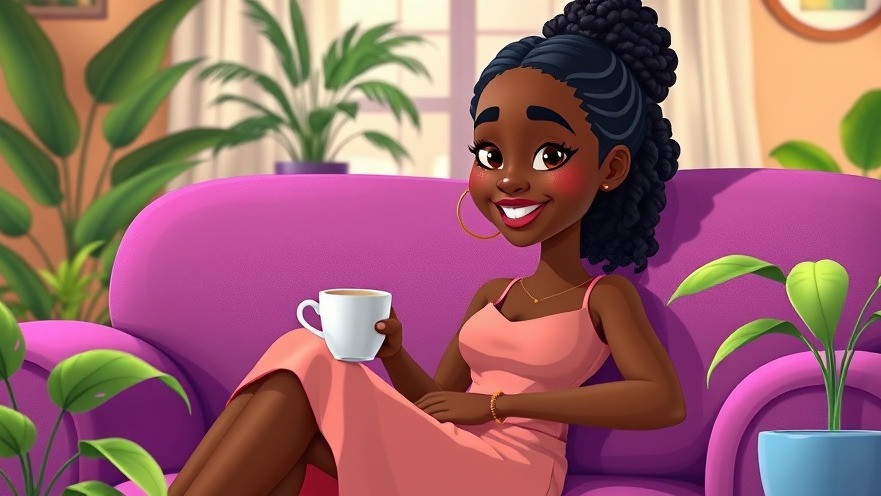 Stylish cartoon African woman enjoying coffee in cozy living room with chill music for yoga vibe.