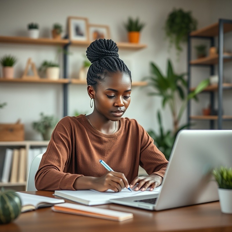 Woman working at desk with laptop and notes, Instagram updates.
