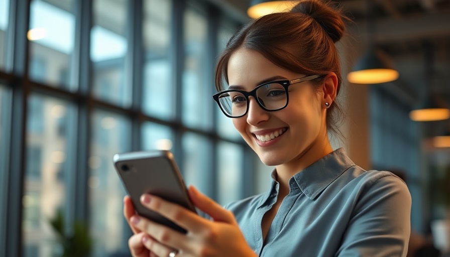 Woman engaging in mobile marketing in a modern office setting.