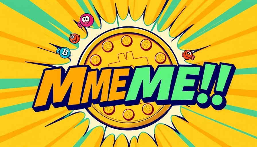 Colorful meme coin graphic with cartoon tokens and bold text.
