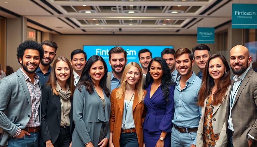 Diverse group at fintech partnership event, posing confidently.