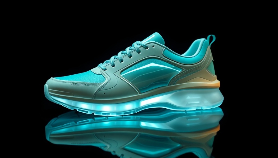 Futuristic AI shoe glowing on reflective surface
