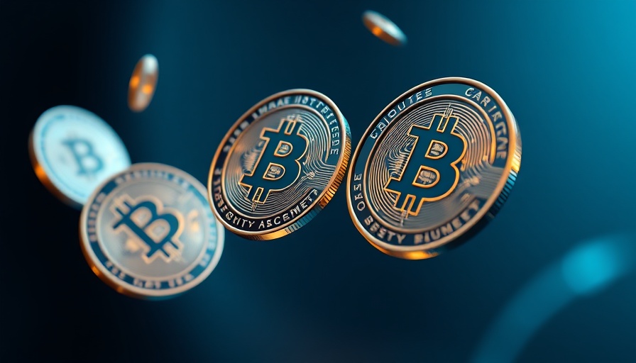 Futuristic coins representing cryptocurrencies with bold text.