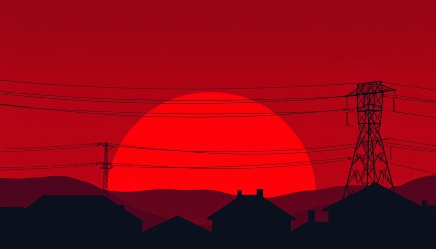 Minimalistic red silhouette of power lines and houses illustrating electricity tariffs.