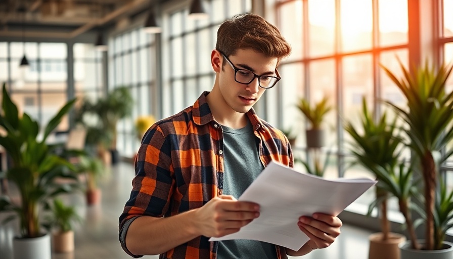Young man reviewing documents in a modern office, longevity in business.