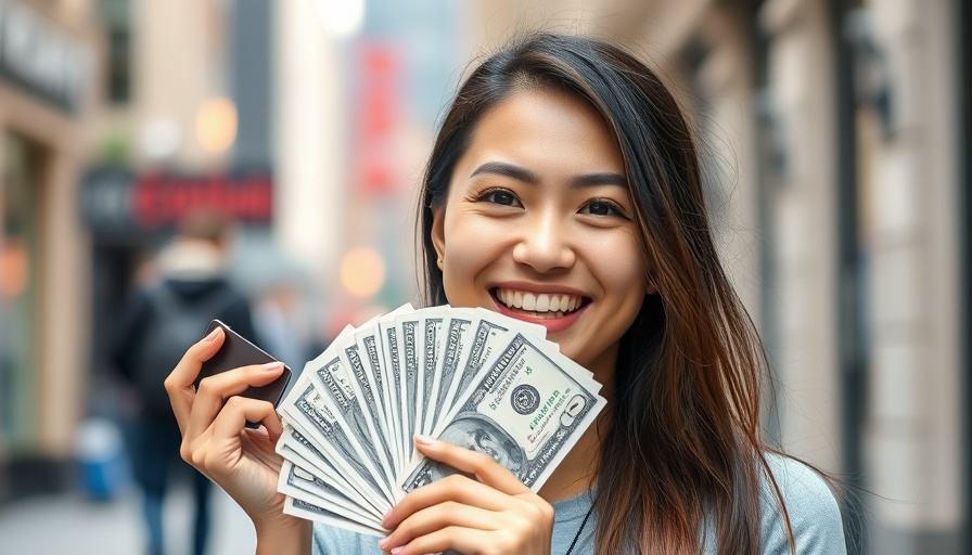 Woman smiling with cash and business credit card in urban setting.