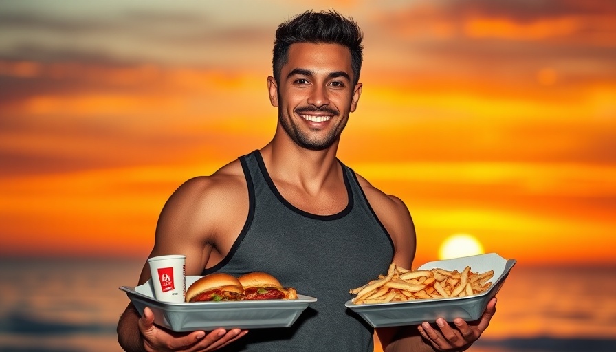 Athletic man with McValue Menu trays at sunset beach