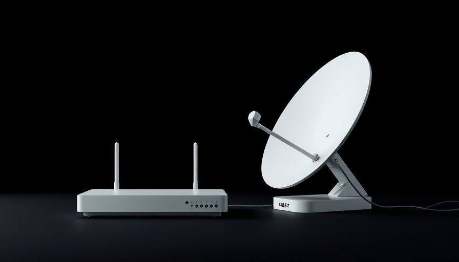 Satellite dish and router on black background, satellite ISP regulations.