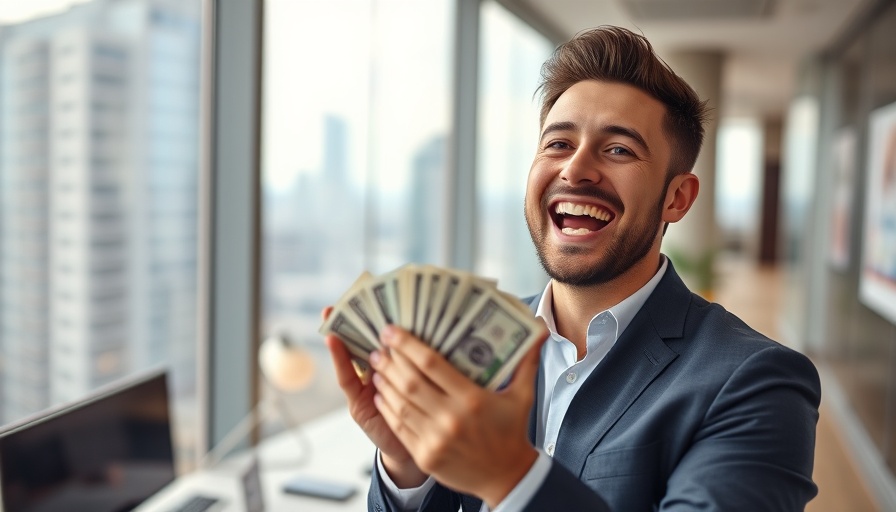 Entrepreneur holding money, smiling with happiness in an office.