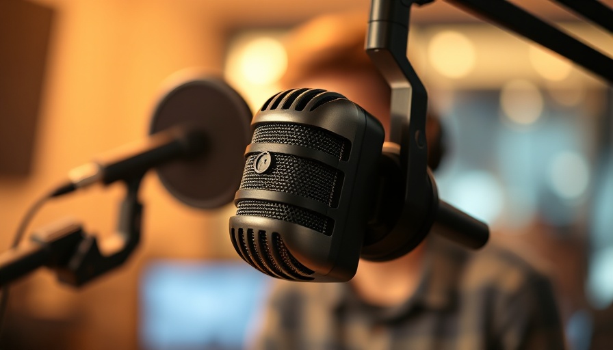 Close-up of microphone in podcast studio, AI podcasts.