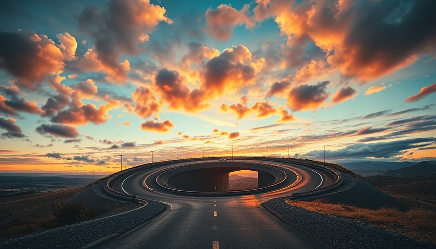 Surreal winding road illusion at sunset represents tech recovery.