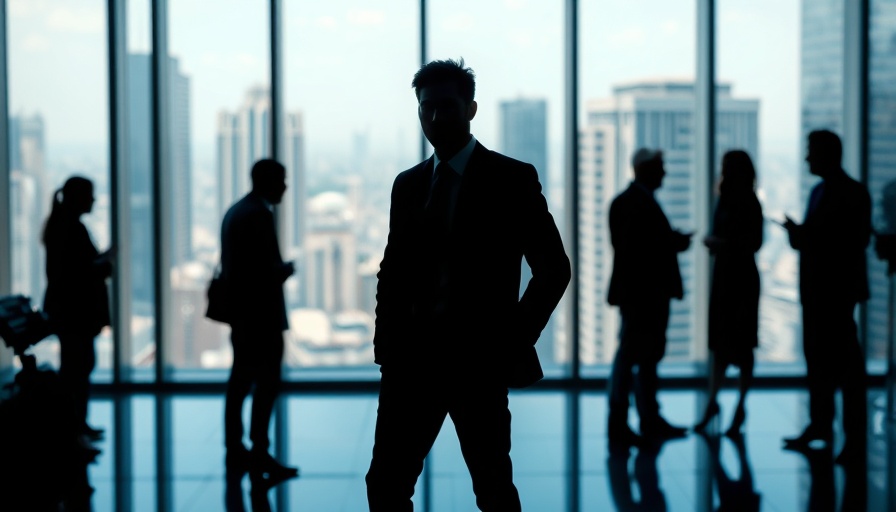 Leadership skills illustrated by confident business silhouette in office.