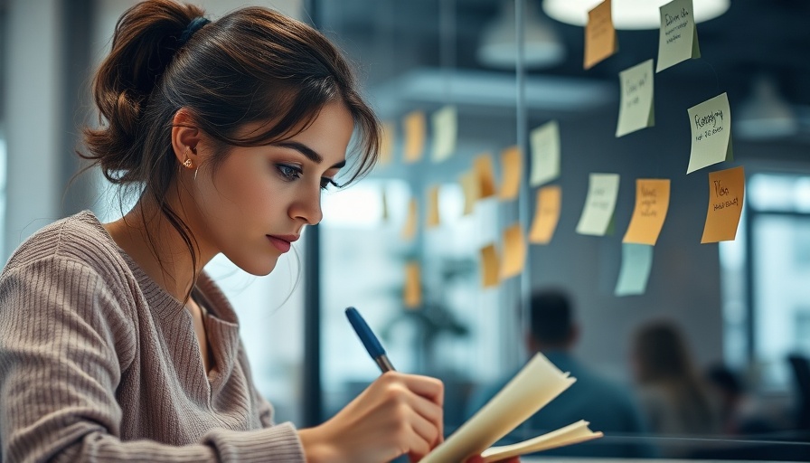 Young woman brainstorming leadership strategies on sticky notes in an office.