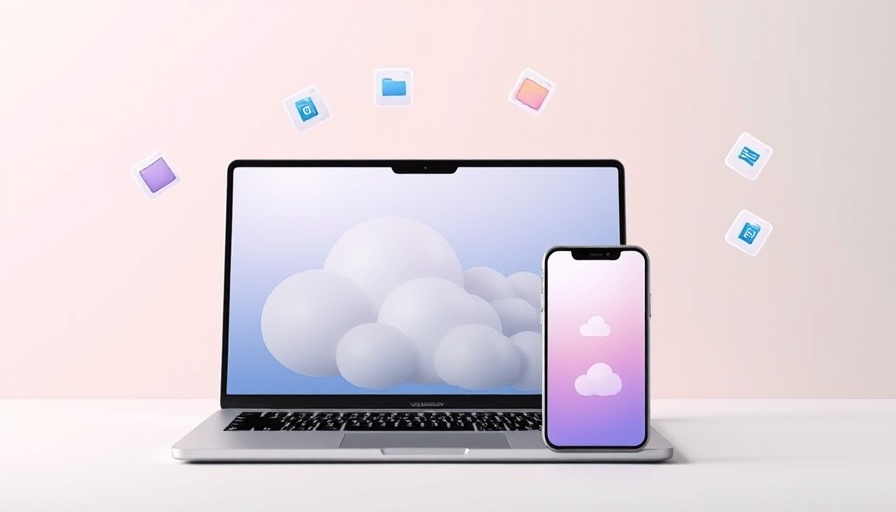 Cloud storage interface on laptop and phone screens.