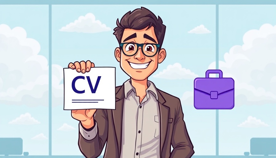 Colorful cartoon of man with CV card and briefcase, ghost jobs concept.