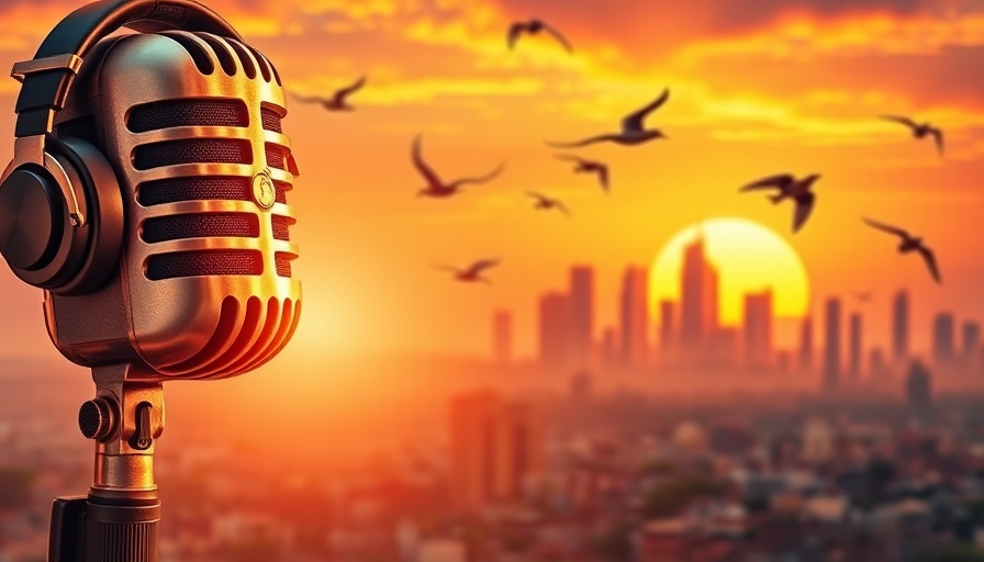 Illustration of African tech podcasts with city skyline and vintage microphone.