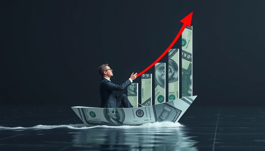 Businessman in banknote boat observing growth graph, venture funding concept.