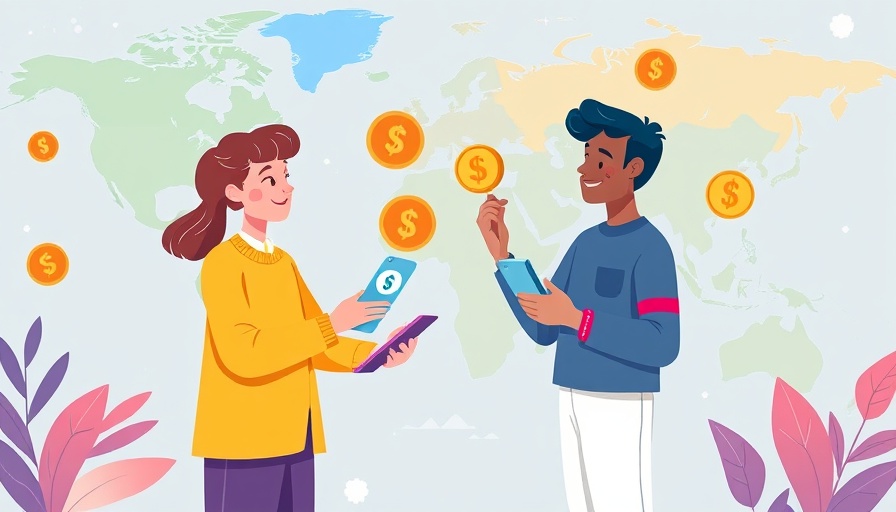 Digital cross-border payments illustration with smartphones and global map.