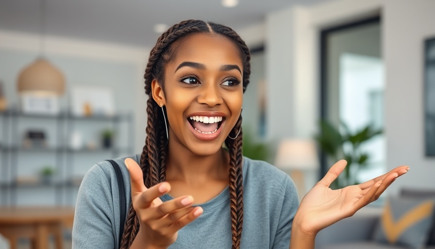 Cheerful woman gesturing in modern setting, Kenyan banking context.