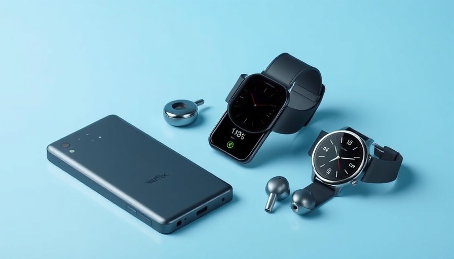 Sleek Infinix gadgets including power bank, smartwatch, earbuds.