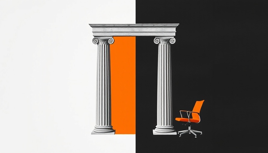Abstract business ethics art with columns and chair.