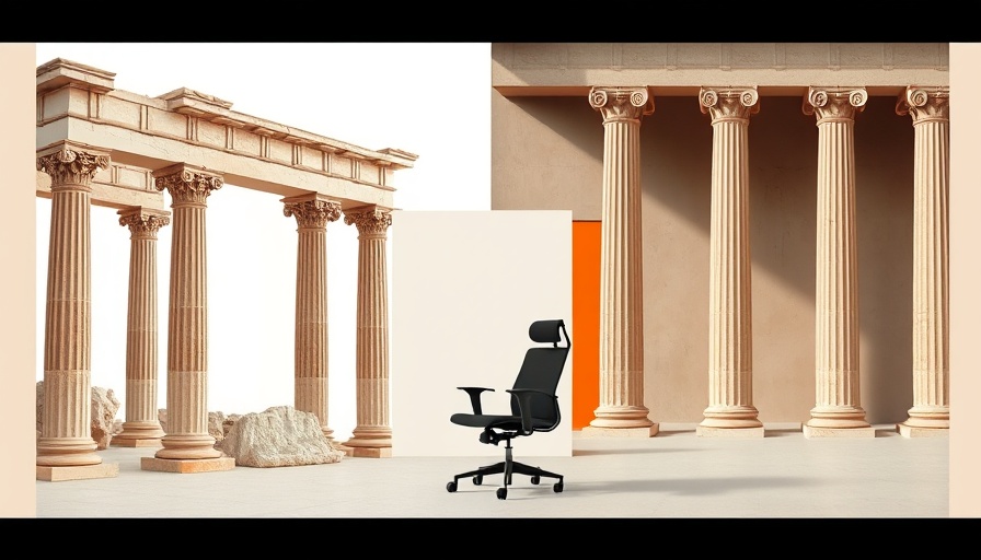 Abstract architecture collage combining classical columns and office chair, business ethics for women leaders.