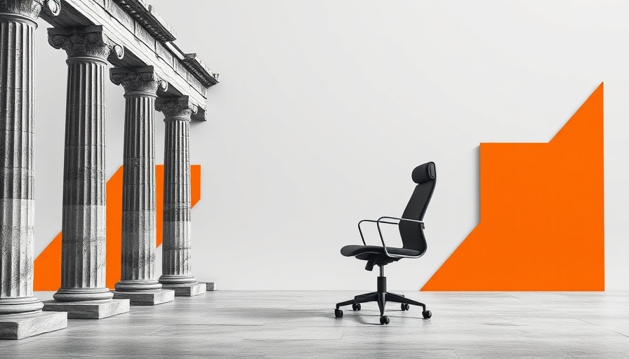 Abstract art with columns and office chair symbolizing business ethics and global consensus.