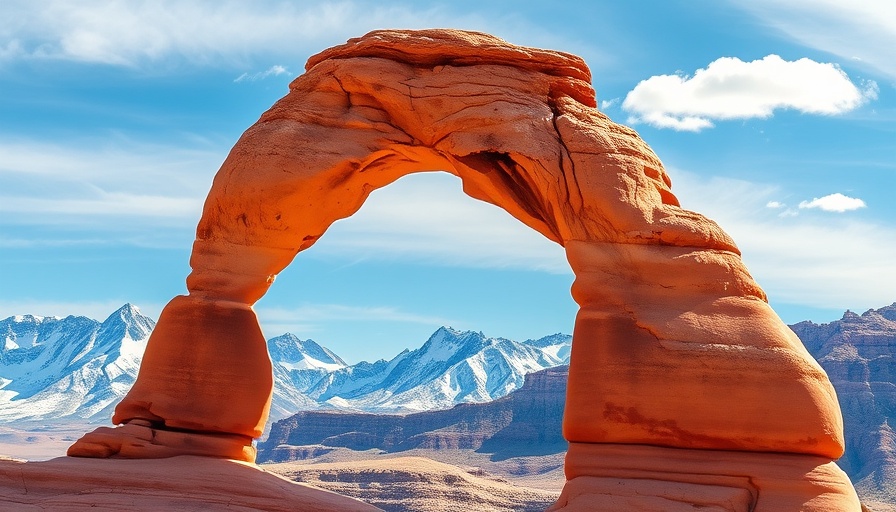 New ways to see the U.S. in 2025: Red rock arch with snowy mountains.