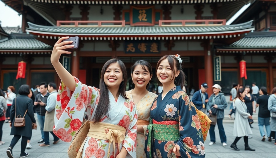 Young women in kimonos taking a selfie at a Japanese temple